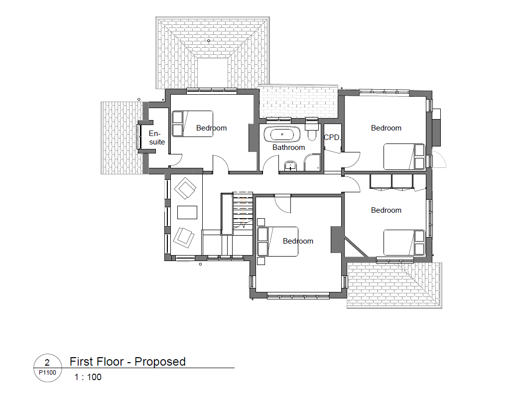 Proposed first floor plan with larger landing and stairs to loft en-suite bedroom