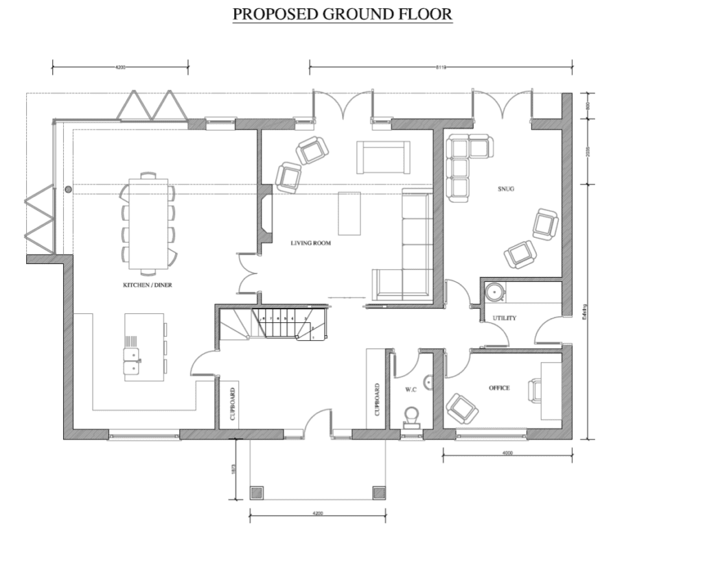 ground floor plans for re-modelled property both internally and externally as well as extending both the ground floor and the first floor